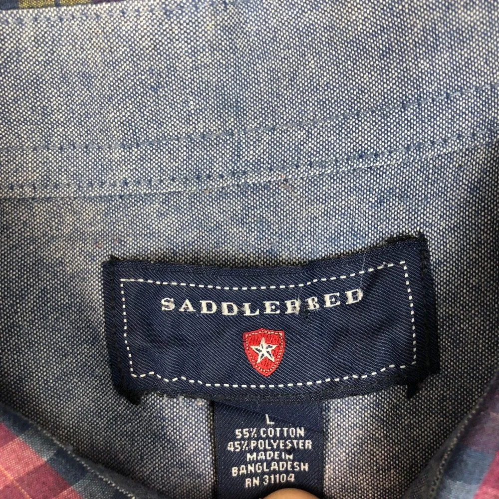 Saddlebred Mens Large Plaid Button Down Shirt Long Sleeve Yellow Blue Multicolor